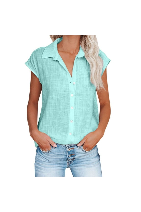 Women's Button Up Shirts Cotton Line Short Cap Sleeve Blouses V Neck Casual Tunics Solid Color Tops Summer Basic Tees