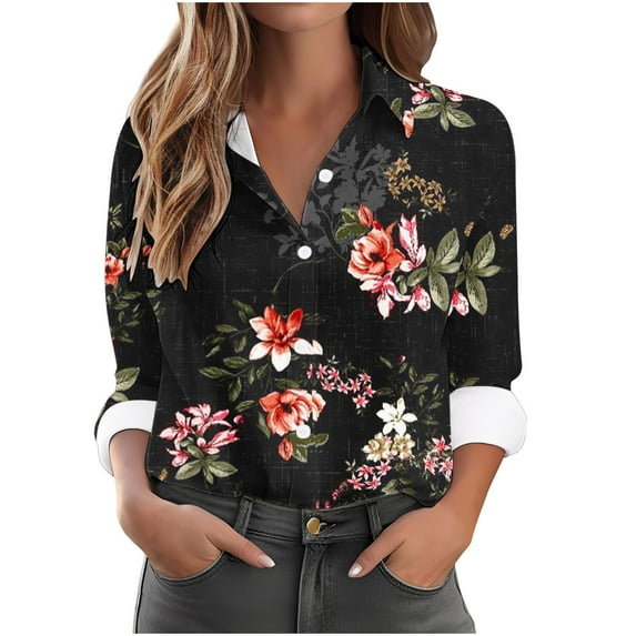 Women's Button-Up Shirts Fashion Floral Print Dressy Blouses Casual Turndown Collar Shirt Long Sleeve Loose Work Tops Spring Summer Outdoor,Beach,Vacation Top 05#Multicolor XXL