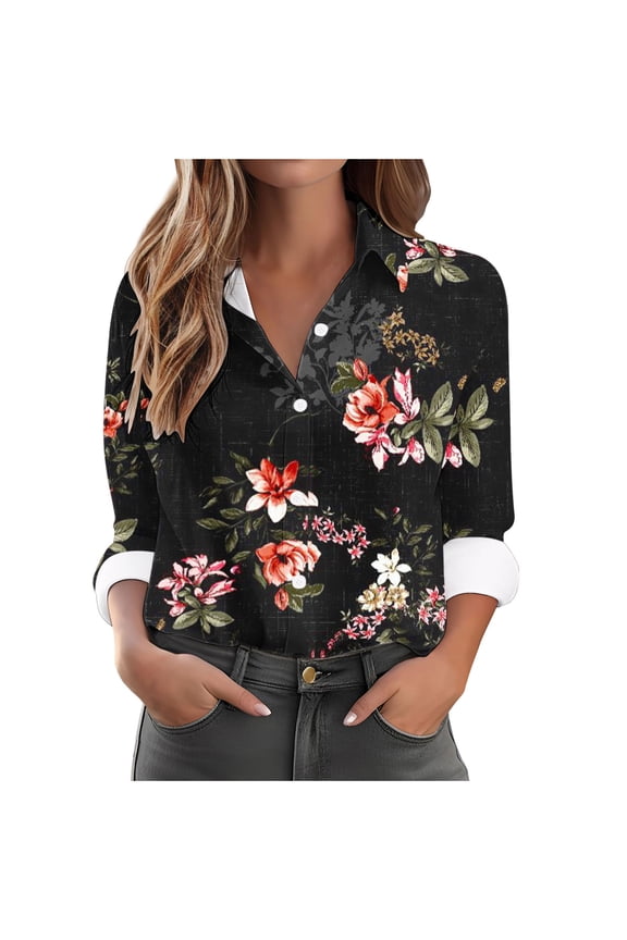 Women's Button-Up Shirts Fashion Floral Print Dressy Blouses Casual Turndown Collar Shirt Long Sleeve Loose Work Tops Spring Summer Outdoor,Beach,Vacation Top 05#Multicolor M