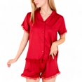 thumbnail image 1 of Women's Button-Up Short Sleeve Pajama Set with Ruffled Trim and Shorts - Large, Red, 1 of 6