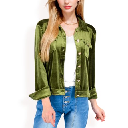 Women's Button-Up Velvet Jacket with Chest Pockets - Large, Olive Green