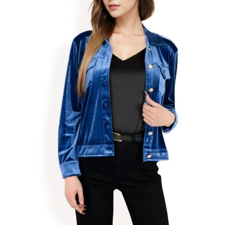 Women's Button-Up Velvet Jacket with Chest Pockets - Small, Blue