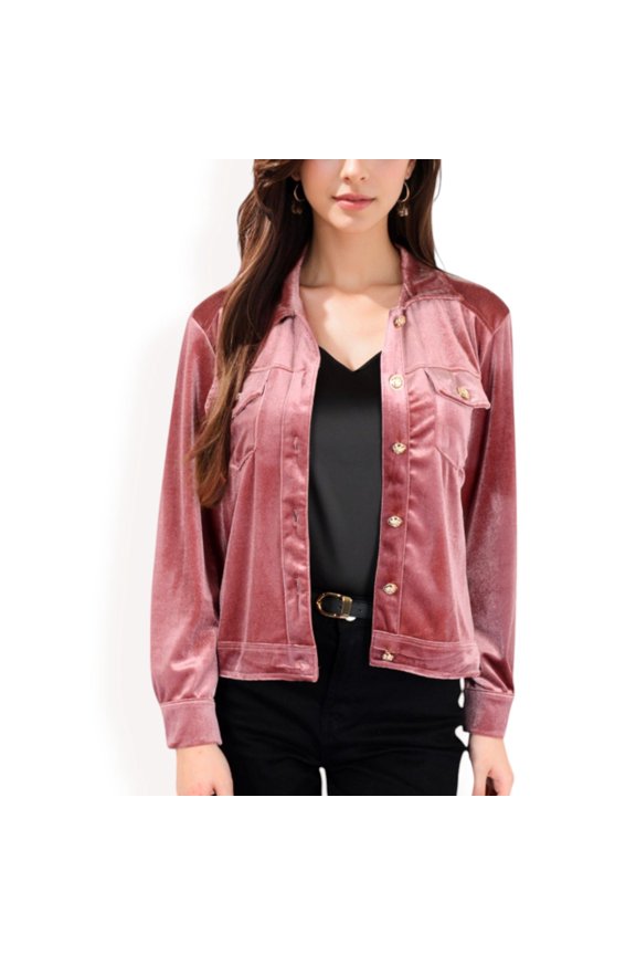 Women's Button-Up Velvet Jacket with Chest Pockets - Small, Mauve Pink
