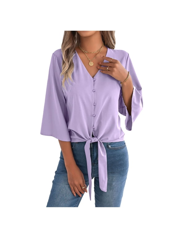 Women's Button V Neck Chiffon Tops 3/4 Bell Sleeve Tie In The Front Casual Work Blouses Loose Summer Shirts