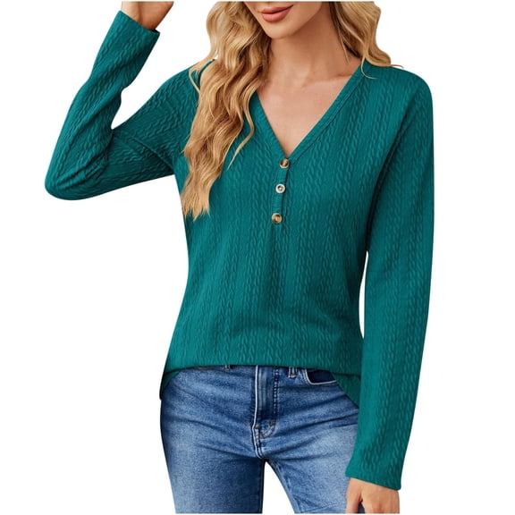 Women's Button V-Neck Pullover Solid Color Long Sleeve Blouse Casual Slim-Fit Sweater Tops Shirts