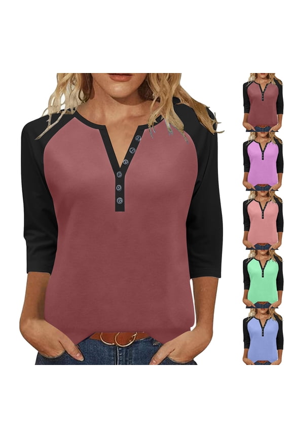 Women's Button V Neck Three Quarter Sleeve Raglan T Shirt Blouse Top Loose Fit Casual Fashion Summer Vacation | CSEONE,Green L