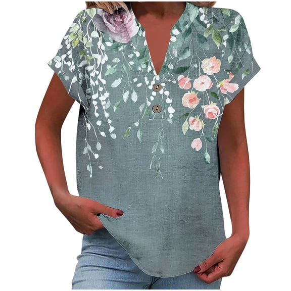 Women's Button Down V Neck Top Cotton Linen Blend Blouses Floral Graphic Tee Short Sleeve With Folded Cuff Ombre Top Loose Fit Summer Basic Henley Top