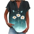 thumbnail image 1 of Women's Button Down V Neck Top Cotton Linen Blend Blouses Floral Graphic Tee Short Sleeve With Folded Cuff Ombre Top Loose Fit Summer Basic Henley Top, 1 of 5