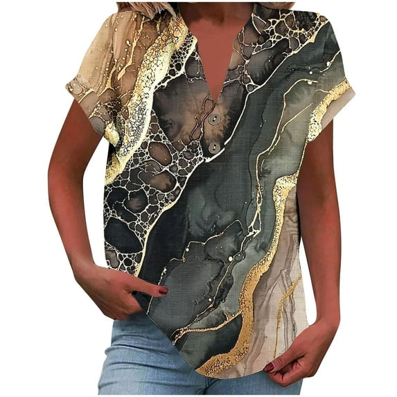 Women's Button Down V Neck Top Cotton Linen Blend Blouses Floral Graphic Tee Short Sleeve With Folded Cuff Ombre Top Loose Fit Summer Basic Henley Top
