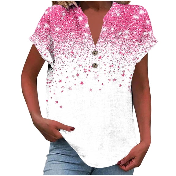 Women's Button Down V Neck Top Cotton Linen Blend Blouses Floral Graphic Tee Short Sleeve With Folded Cuff Ombre Top Loose Fit Summer Basic Henley Top