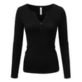 thumbnail image 1 of Women's Button V-neck Slim Cut Henley Long Sleeve City BLACK 1X Plus Size, 1 of 4