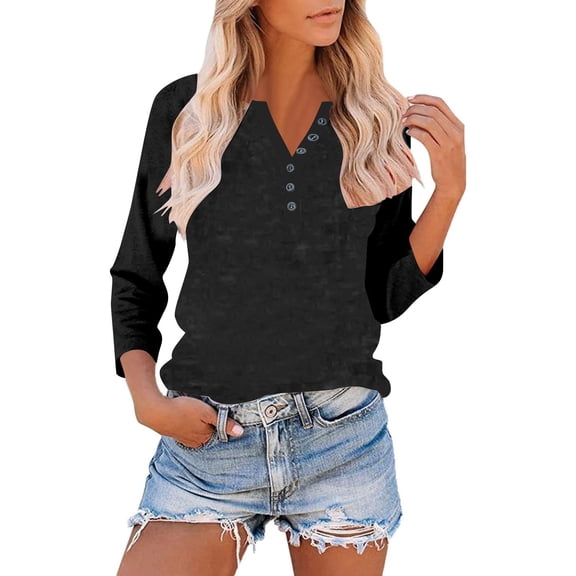 Women's Button V-neck Three Quarter Sleeve 3/4 Sleeve Raglan T-shirt Loose Top