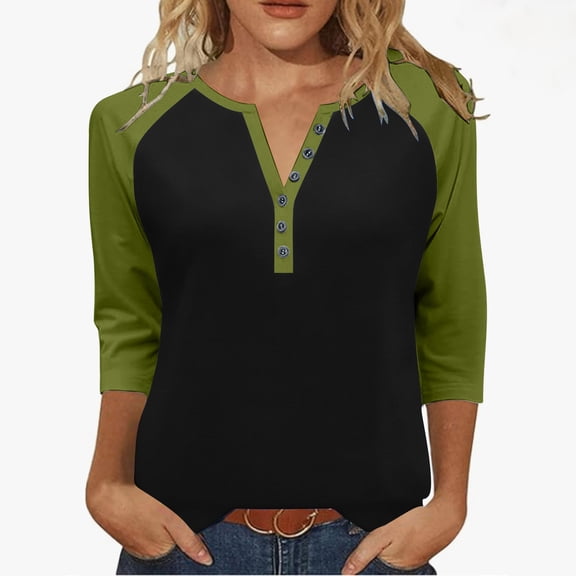 Women's Button V-neck Three Quarter Sleeve 3/4 Sleeve Raglan T-shirt Loose Top