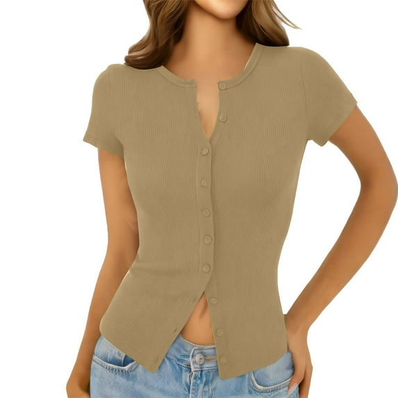 Women's Button down Shirt Cap Sleeve Tops Button up Ribbed Knit Slim Casual Crop Going out Top