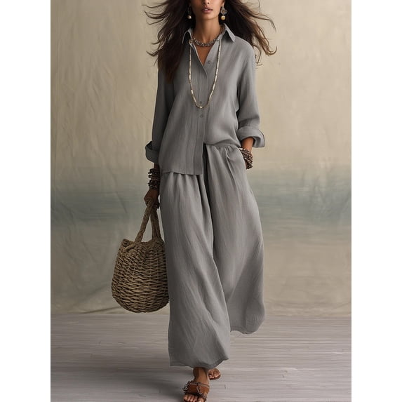 Women's Button down Shirt Wide Leg Pants Loose Set 2026 Elastic Waist Wide Leg Pants Breathable Casual Outfit with Pocket, S