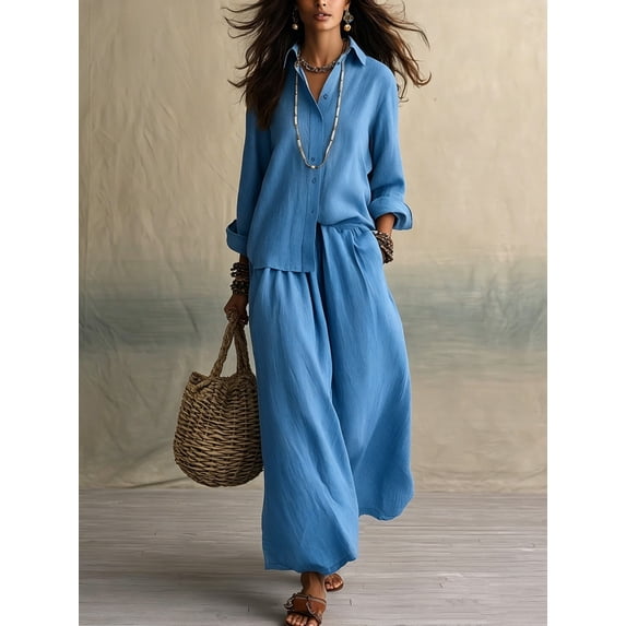 Women's Button down Shirt Wide Leg Pants Loose Set 2026 Elastic Waist Wide Leg Pants Breathable Casual Outfit with Pocket, XL