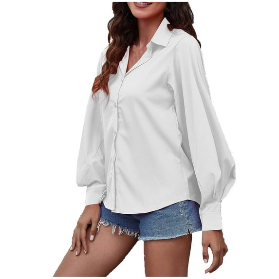 Women's Button down Shirts Collared Vneck Lantern Long Sleeve Tops Casual Solid Color Dressy Chiffon Blouse Tee