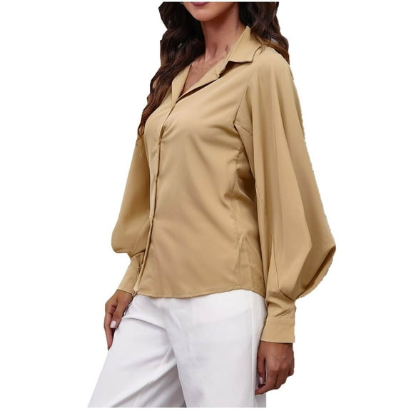 Women's Button down Shirts Collared Vneck Lantern Long Sleeve Tops Casual Solid Color Dressy Chiffon Blouse Tee