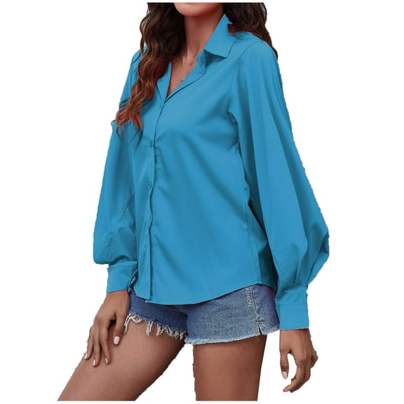 Women's Button down Shirts Collared Vneck Lantern Long Sleeve Tops Casual Solid Color Dressy Chiffon Blouse Tee