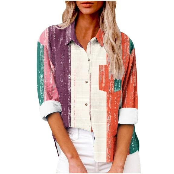 Women's Button down Shirts Fashion Printed Long Sleeve Blouses Irregular Hem Tops Loose Casual Tunic Tee (L, Pink)