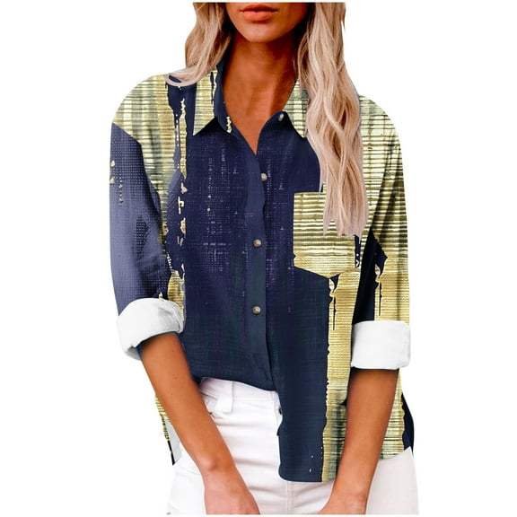Women's Button down Shirts Fashion Printed Long Sleeve Blouses Irregular Hem Tops Loose Casual Tunic Tee (M, Dark Blue)