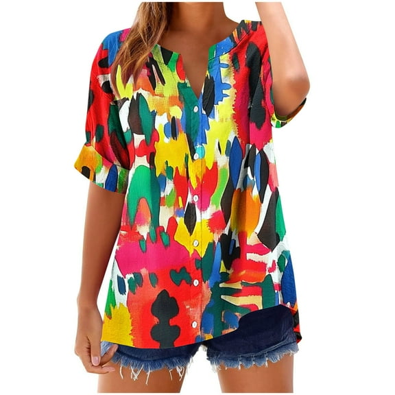 Women's Button down Shirts V Neck Rolled-Up Short Sleeves Loose Fit Floral Printed Tee Soft Comfy Clothes (M, Multicolor 2)