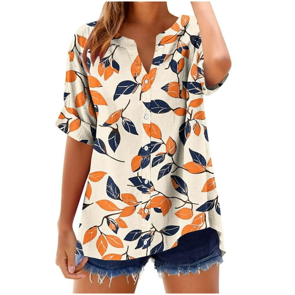 Women's Button down Shirts V Neck Rolled-Up Short Sleeves Loose Fit Floral Printed Tee Soft Comfy Clothes (S, Orange)
