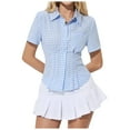 thumbnail image 1 of Women's Button down Shirts with Pocket Summer Trendy Slim Fit Tunic Short Sleeve Tops Striped Casual Blouses (L, Light Blue), 1 of 7