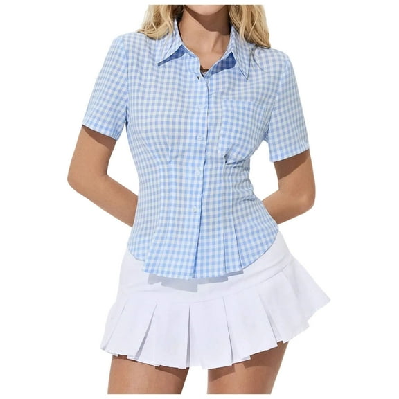 Women's Button down Shirts with Pocket Summer Trendy Slim Fit Tunic Short Sleeve Tops Striped Casual Blouses (L, Light Blue)