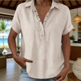 thumbnail image 1 of Women's Button down Short Sleeve V-Neck Linen Cotton Shirt by Awwp , Beige L, 1 of 7