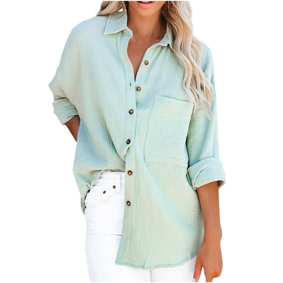 Women's Button down T-Shirts Lapel Collar Long Sleeve Tops Solid Casual Loose Fit Comfy Blouse Tee with Pockets Mint Green