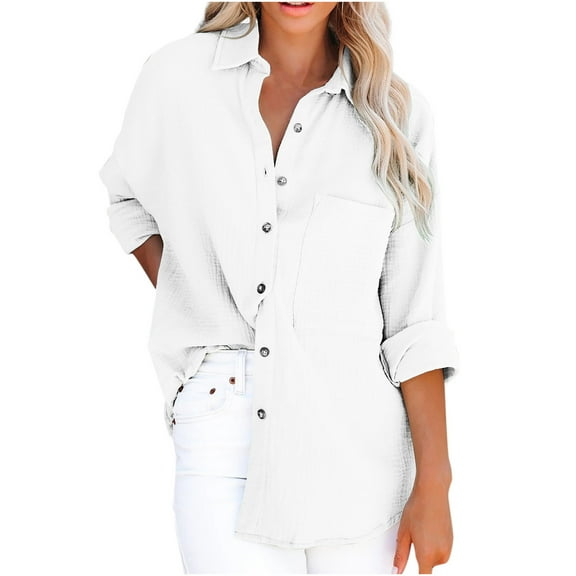 Women's Button down T-Shirts Lapel Collar Long Sleeve Tops Solid Casual Loose fitted Comfy Blouse Tee with Pockets White