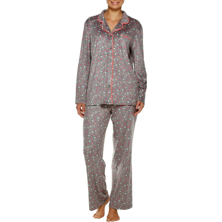 Women s Button up Notch Neck Knit Pajama 2 Piece Sleepwear Set