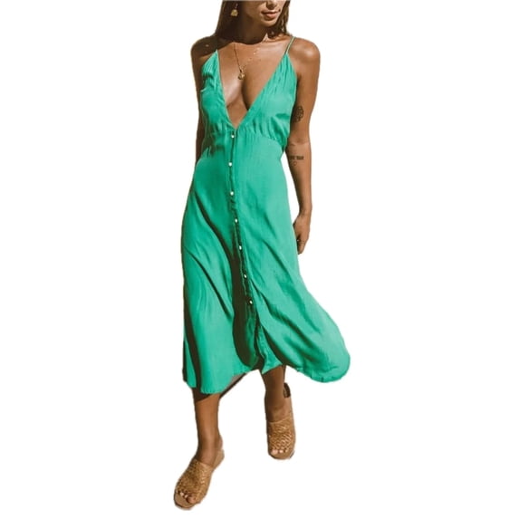 Women's Buttoned Plunge Midi Cami Dress with Sheer Overlay and Breathable Fabric 95% Polyester 5% Spandex for Summer
