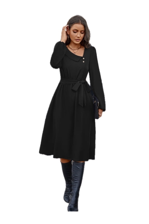 Women's Buttoned Tie Front Long Sleeve Dress Asymmetric Neck ninety five percent polyester and five percent elastane