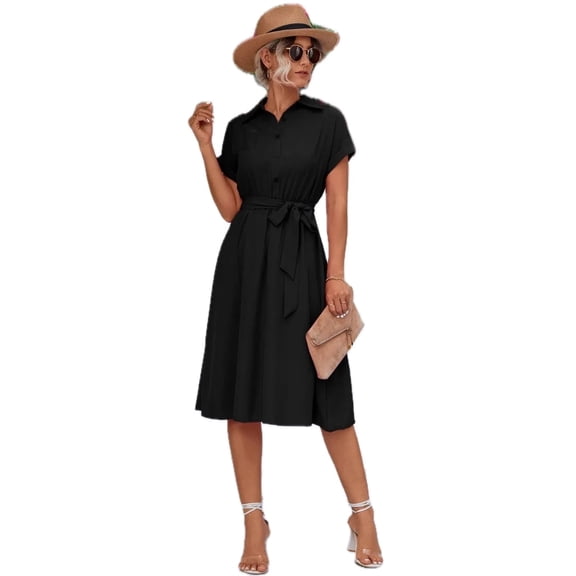 Women's Buttoned Tie Waist Short Sleeve Dress With Opaque Overlay 95% Polyester 5% Spandex Breathable Easy Care