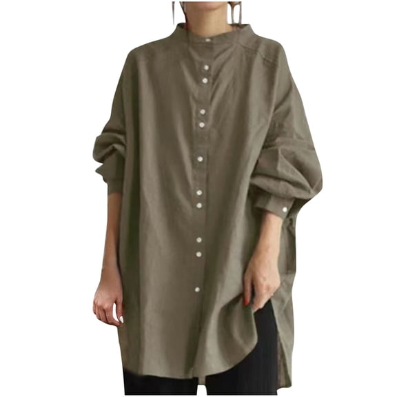 Women's Buttons Long Sleeve Oversized Round Neck Shirts Mid Length Cotton Linen Comfy Blouses Casual Tops Army Green,XL