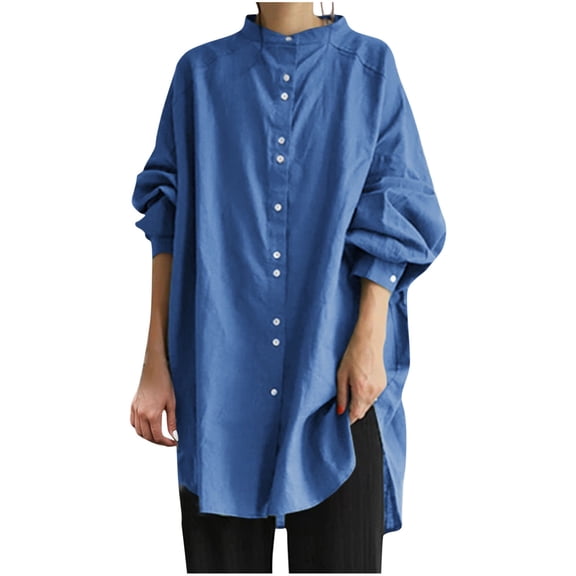 Women's Buttons Long Sleeve Oversized Round Neck Shirts Mid Length Cotton Linen Comfy Blouses Casual Tops Blue,XL