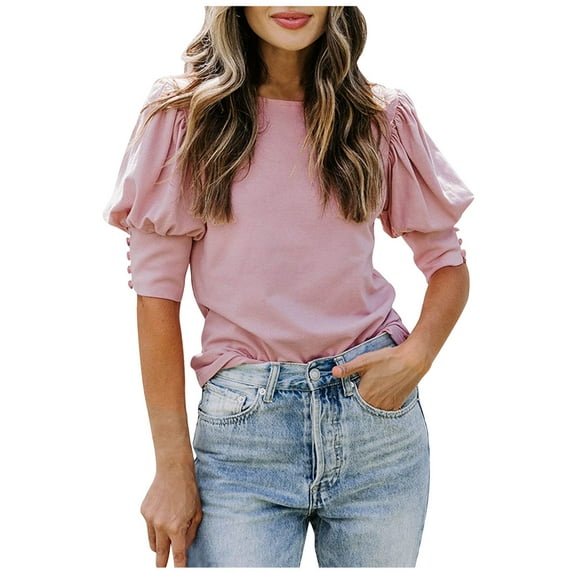 Women's Buttons Puff Sleeve Shirts Round Neck Tunic Tshirts Solid Color Cotton Comfy Loose Blouses Pullover Tops Pink,M