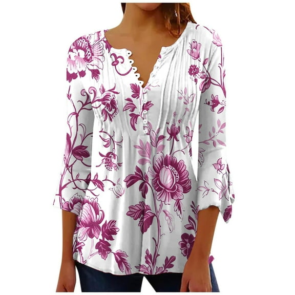 Women's Buttons Up Shirts 3/4 Length Sleeve Blouses Tops Vintage Floral Printed Tunic Tops Casual V Neck T-Shirt Summer Slim Pullover Top