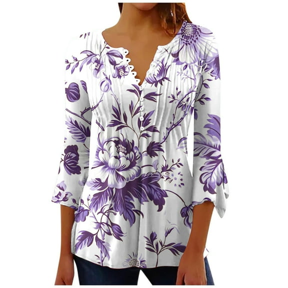 Women's Buttons Up Shirts 3/4 Length Sleeve Blouses Tops Vintage Floral Printed Tunic Tops Casual V Neck T-Shirt Summer Slim Pullover Top