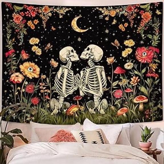 Floral Skeleton Lovers Tapestry Aesthetic Skull Gothic Tapestry for Bedroom The Lovers Wall Hanging for Bedroom Living Room Skull 36×48 Inches