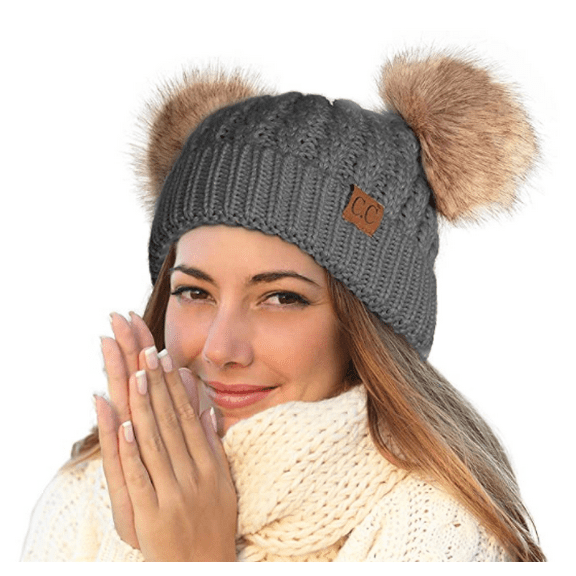 Women's C.C Beanie Solid Winter Double Pom Pom Beanie Hat (HAT2055, HAT2055-S)