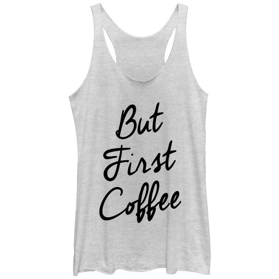 Women's CHIN UP But First Coffee Cursive Racerback Tank Top White Heather Large