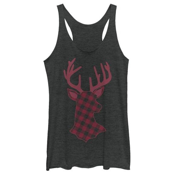 Women's CHIN UP Christmas Flannel Reindeer Print Racerback Tank Top Black Heather X Large