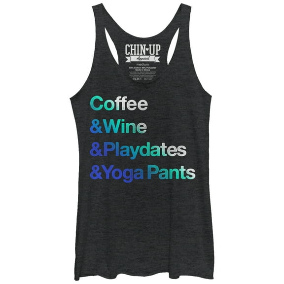 Women's CHIN UP Coffee Wine Playdates Yoga Pants  Racerback Tank Top Black Heather Medium
