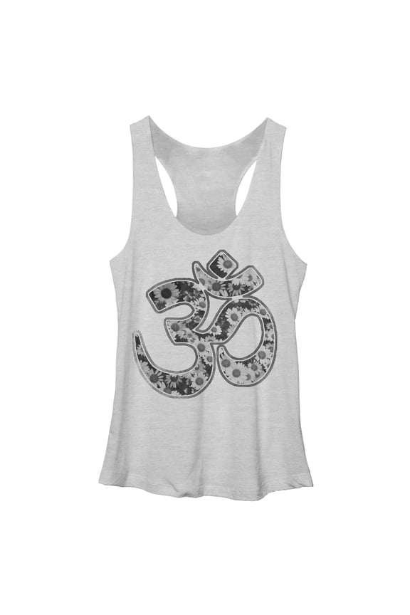 Women's CHIN UP Daisy Print Om  Racerback Tank Top White Heather Medium