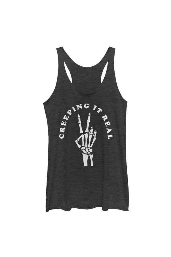 Women's CHIN UP Halloween Creepin' Real Skeleton Racerback Tank Top Black Heather Medium