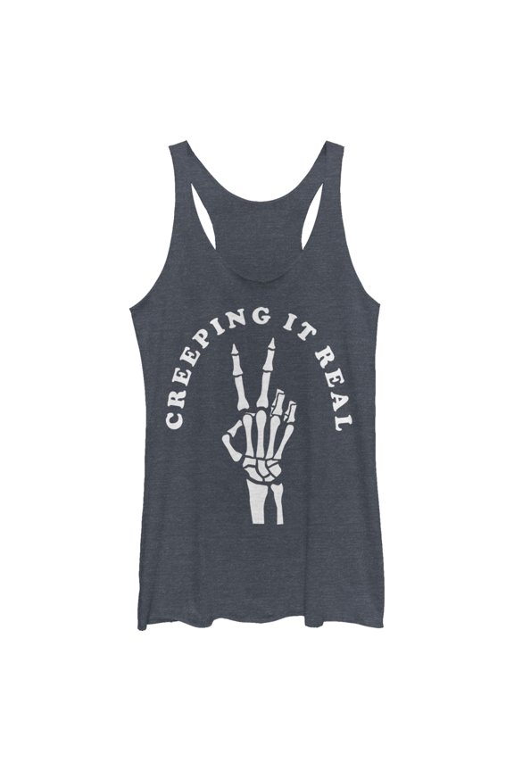 Women's CHIN UP Halloween Creepin' Real Skeleton Racerback Tank Top Navy Blue Heather X Small