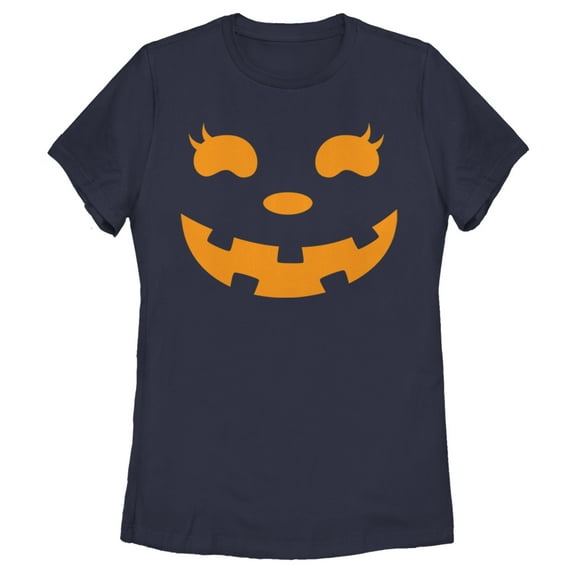 Women's CHIN UP Halloween Jack o' Lantern Face Graphic Tee Navy Blue X Large